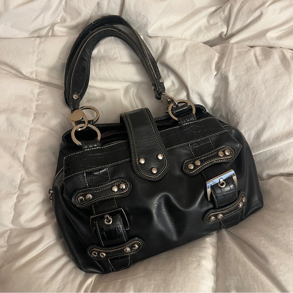 KATHY VAN ZEELAND BLACK LEATHER BUCKLE HAND BAG - Picture 1 of 6